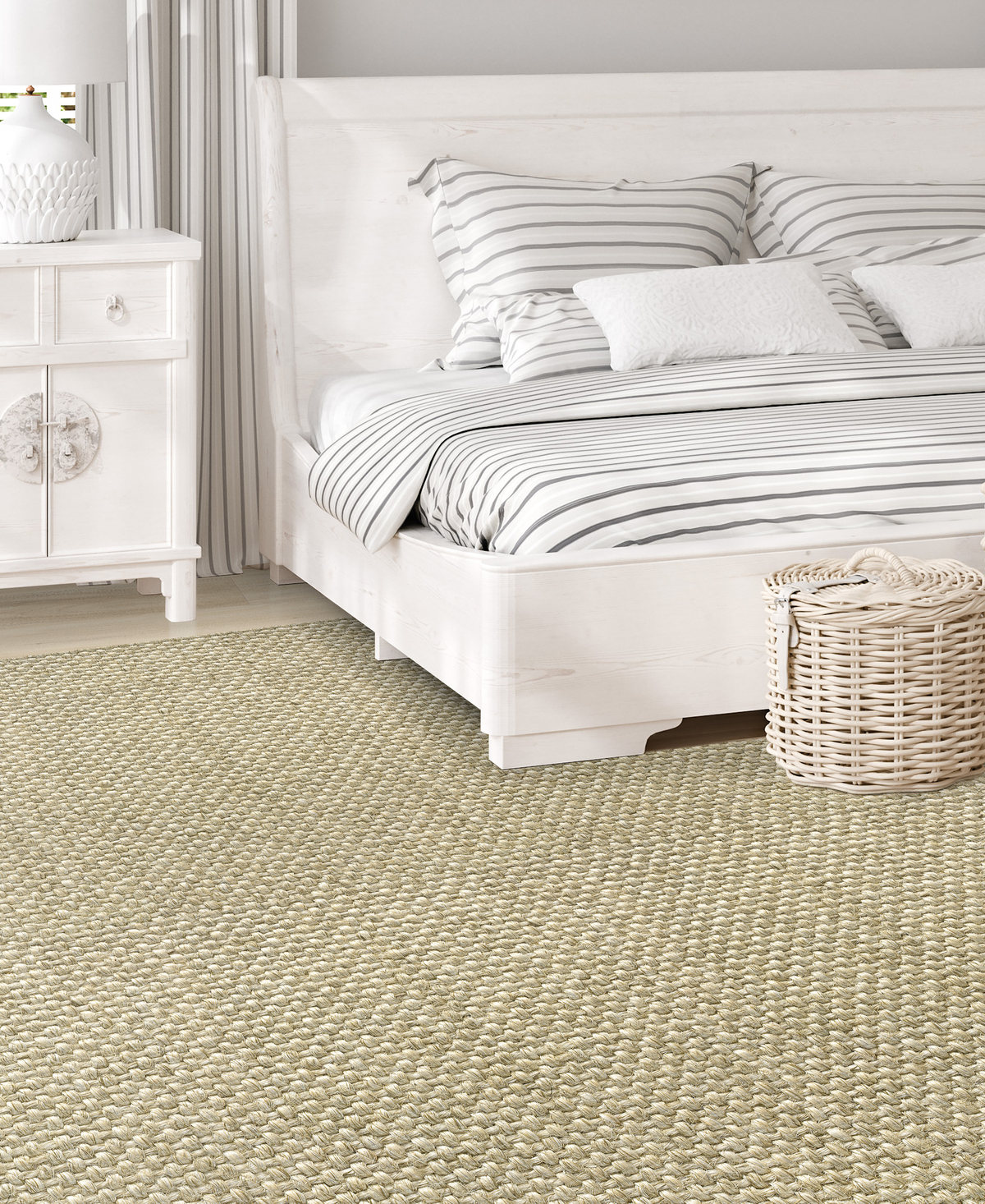 accra-linen-sisal-bedroom-1200 Accra Linen sisal rug in a light bedroom with a pale wood bed.